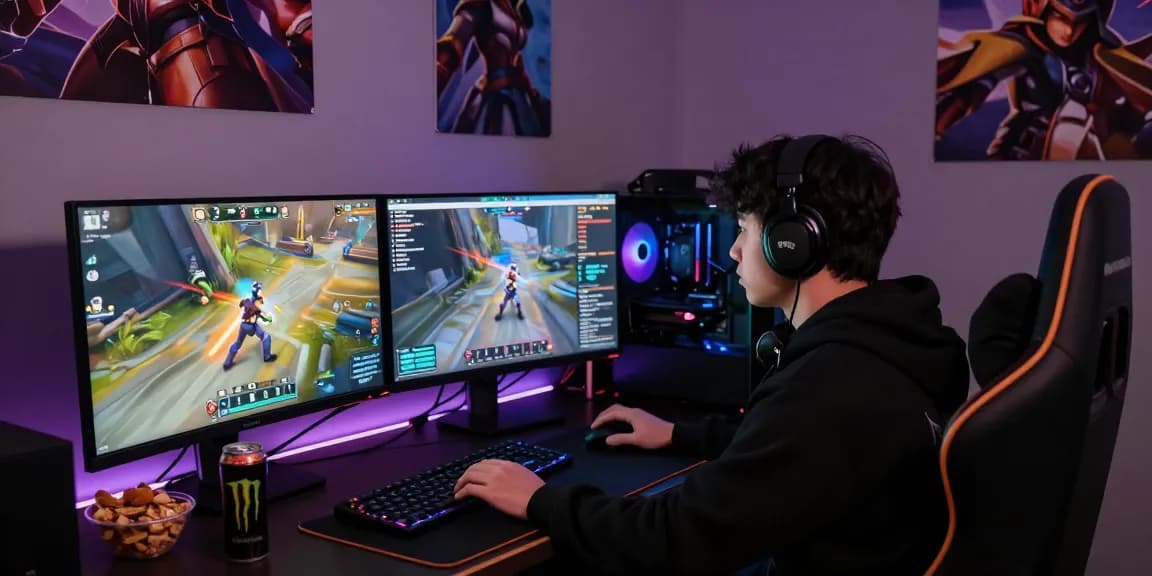 Intense gaming scene showcasing Overwatch 2 Cheat software on dual monitors with vibrant gameplay graphics in a competitive atmosphere