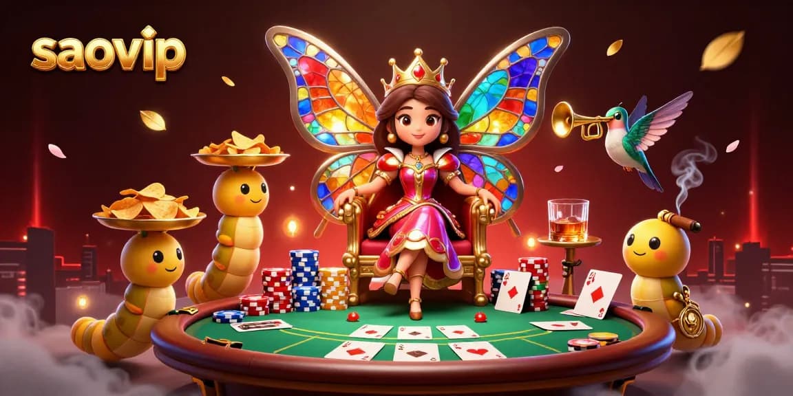 Engage in thrilling poker adventures with saovip's vibrant casino illustration featuring a butterfly queen.