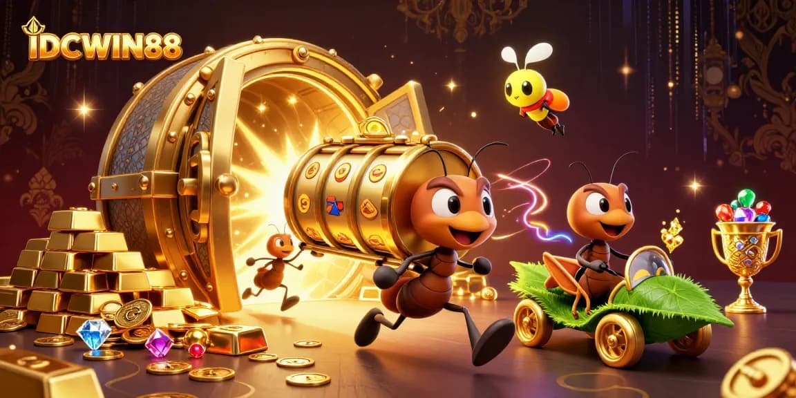 Experience the thrilling gameplay of IDCWIN88 with vibrant slot reels and cute critters navigating golden treasures.