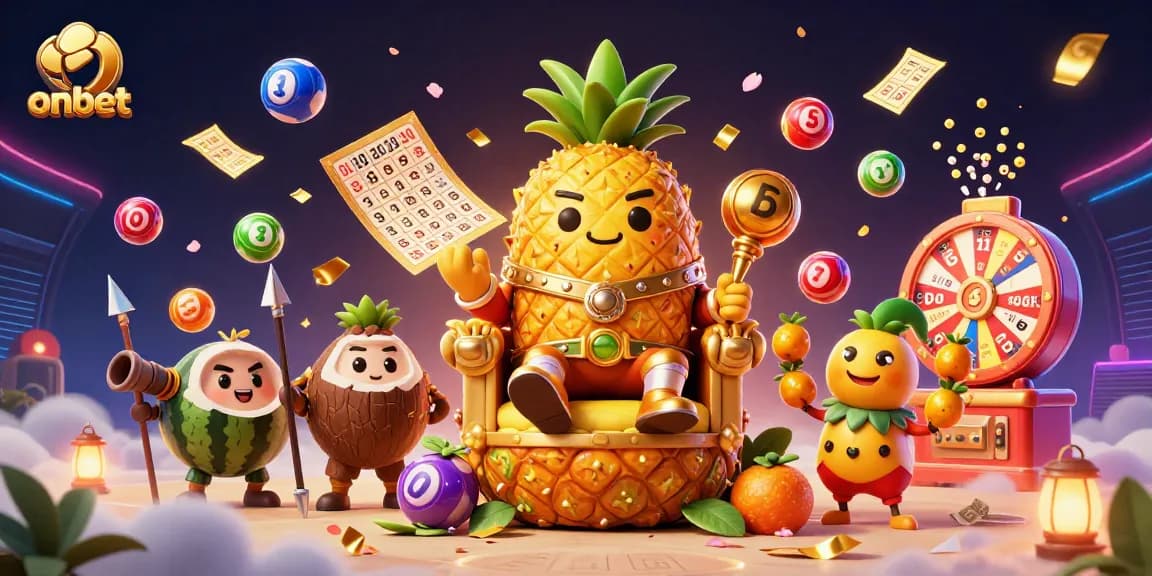 Experience the vibrant and exciting onbet gaming world with the 3D golden pineapple king and dynamic casino elements.