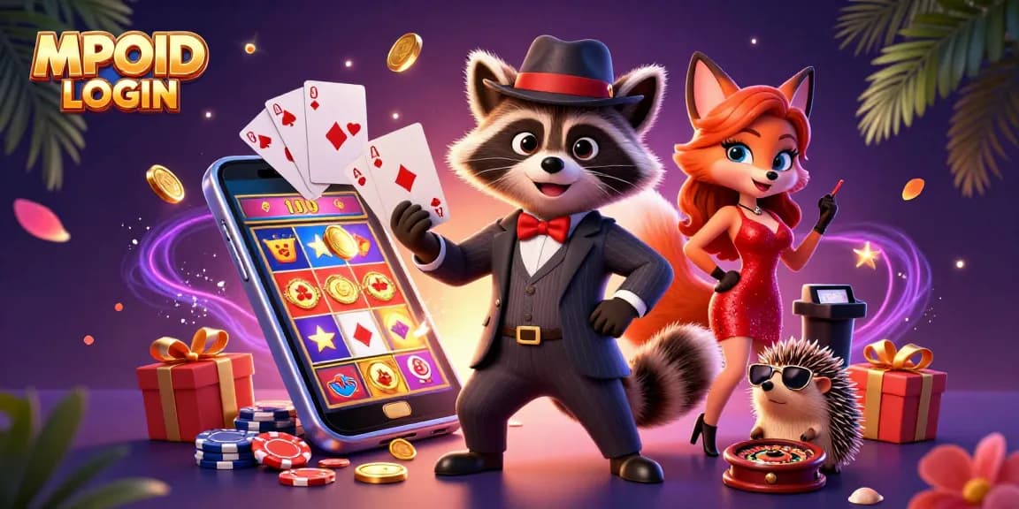 Experience the thrill of winning with MPOID LOGIN in a vibrant casino setting featuring charming characters.