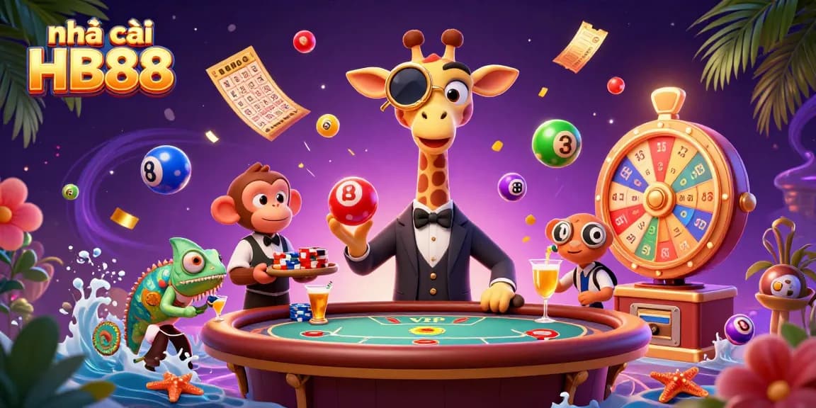 Experience the excitement at nhà cái HB88 with a vibrant casino scene featuring dynamic characters and elements.