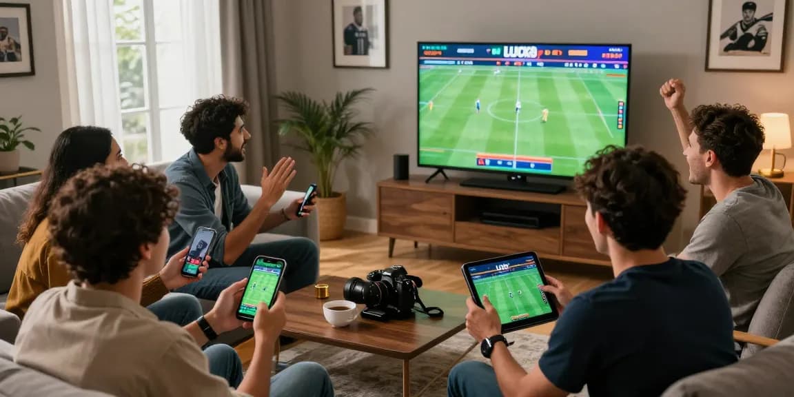 Friends enjoying live sports while engaging with the LUCK8 betting app in a lively home setting.