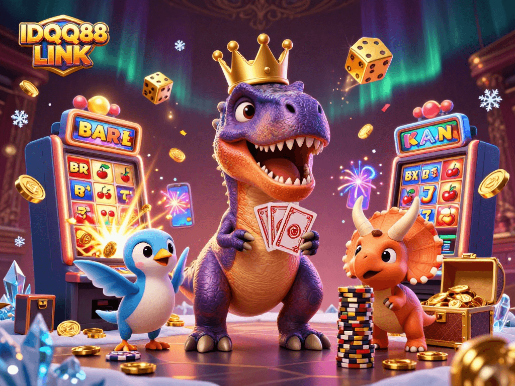 Experience IDQQ88 LINK with a vibrant casino scene featuring friendly dinosaurs and jackpot excitement.