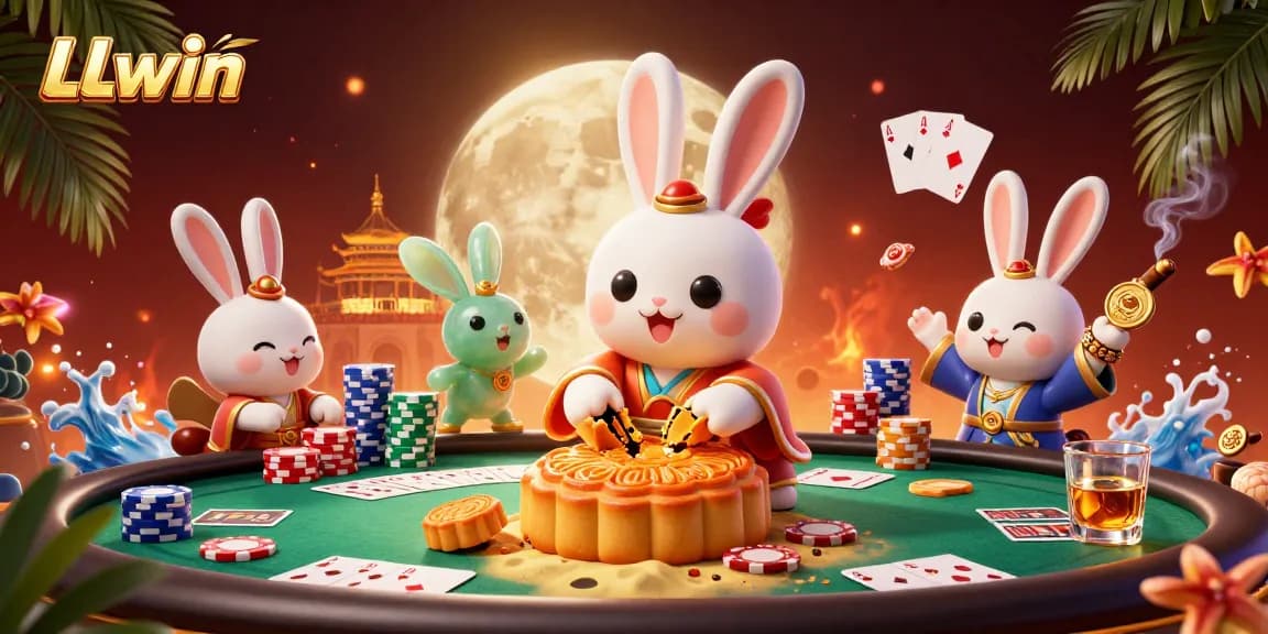 LLwin's enchanting moon rabbit character ingeniously reveals poker chips, celebrating gaming.