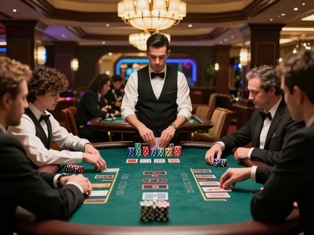 CM88 players strategizing at a luxurious blackjack table in a vibrant casino environment.