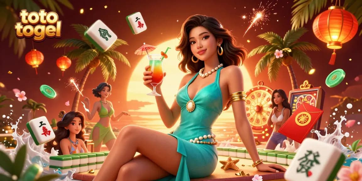 Engage in toto togel with a glamorous Asian woman at a tropical casino, vibrant elements adding excitement.