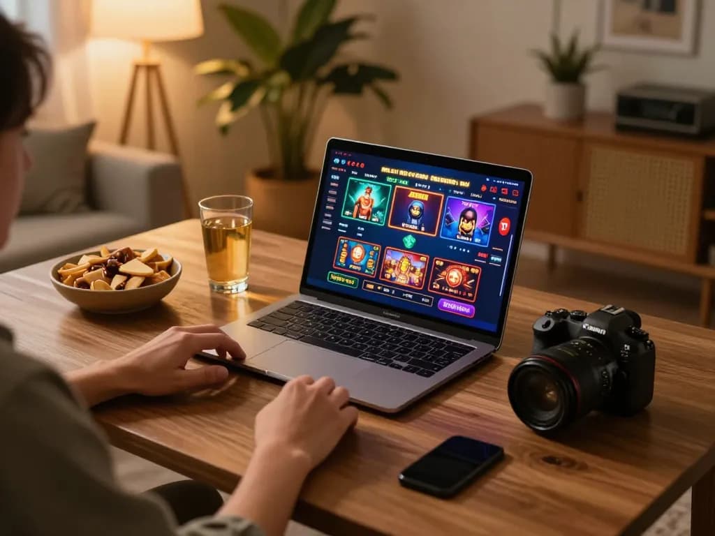 Engaging with LGOLUX LOGIN on an elegant laptop setup, showcasing live casino games in a cozy home environment.