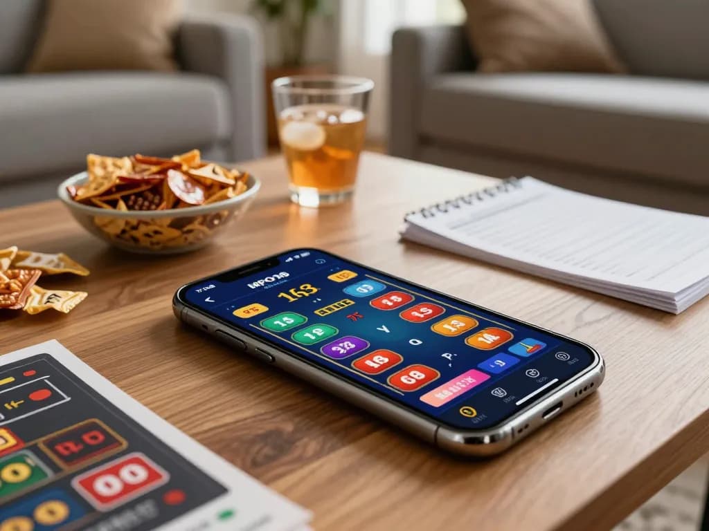 Experience the thrill of online gaming with MPO08 Link app on a smartphone, in a cozy living room.