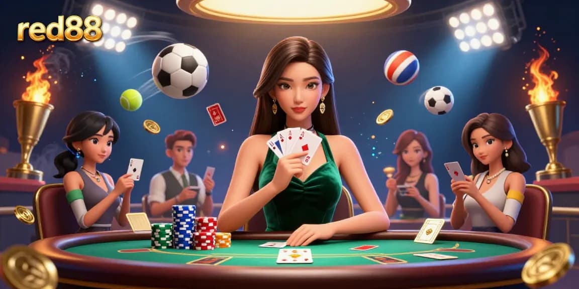 Experience thrilling poker strategies with red88, showcasing a focused player at a luxury table adorned with vibrant casino elements.