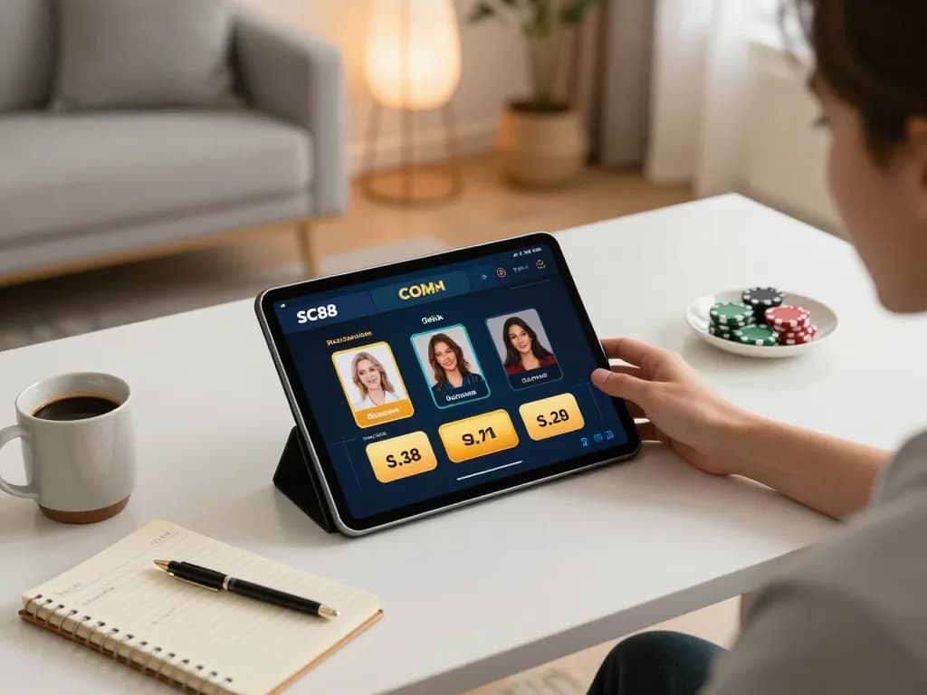 Engaging gameplay on SC88 COM poker app displayed on tablet in a cozy home setting.