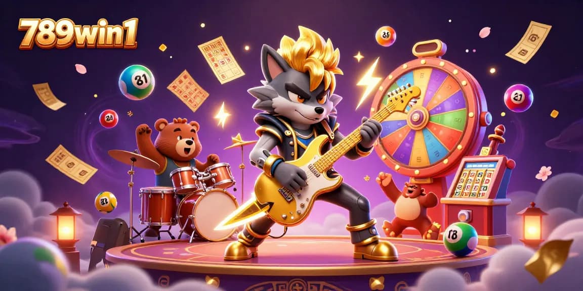Experience vibrant action at 789win1 with a cartoon rock star wolf and winning lottery elements.