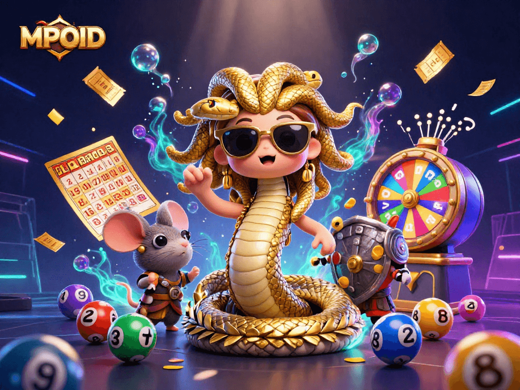 MPOID presents a vibrant 3D illustration featuring Medusa, a warrior mouse, and various gambling elements like lottery balls.