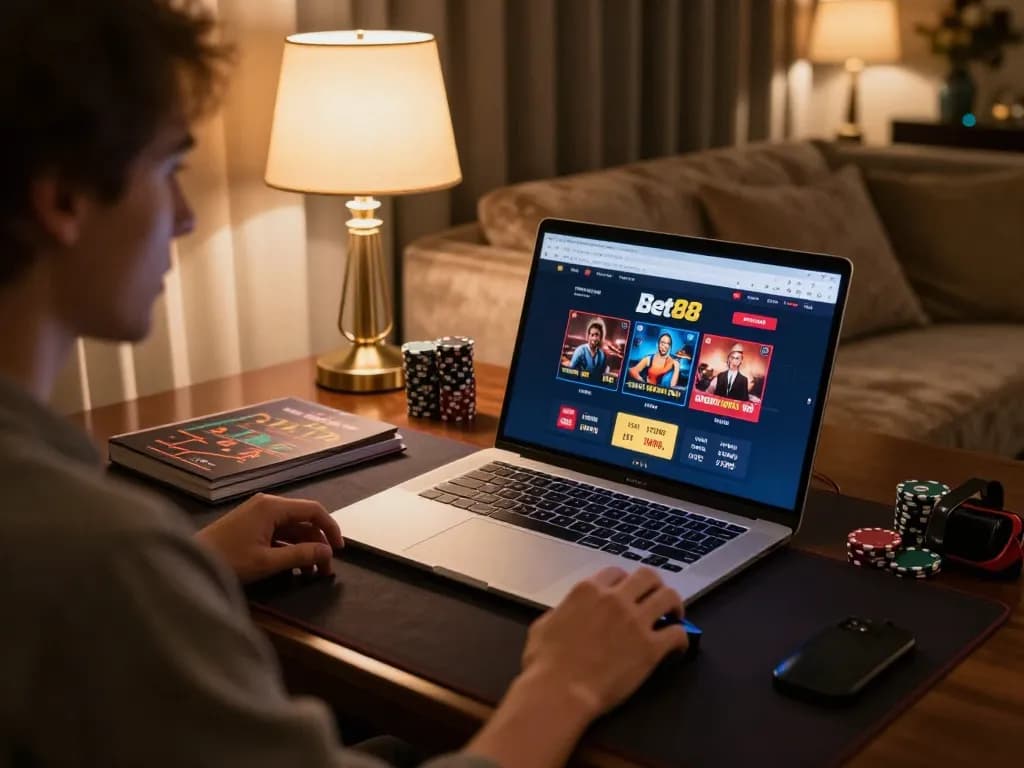 Engage with Link vào chơi Bet88 through a stylish online gambling setup featuring a laptop and cozy ambiance