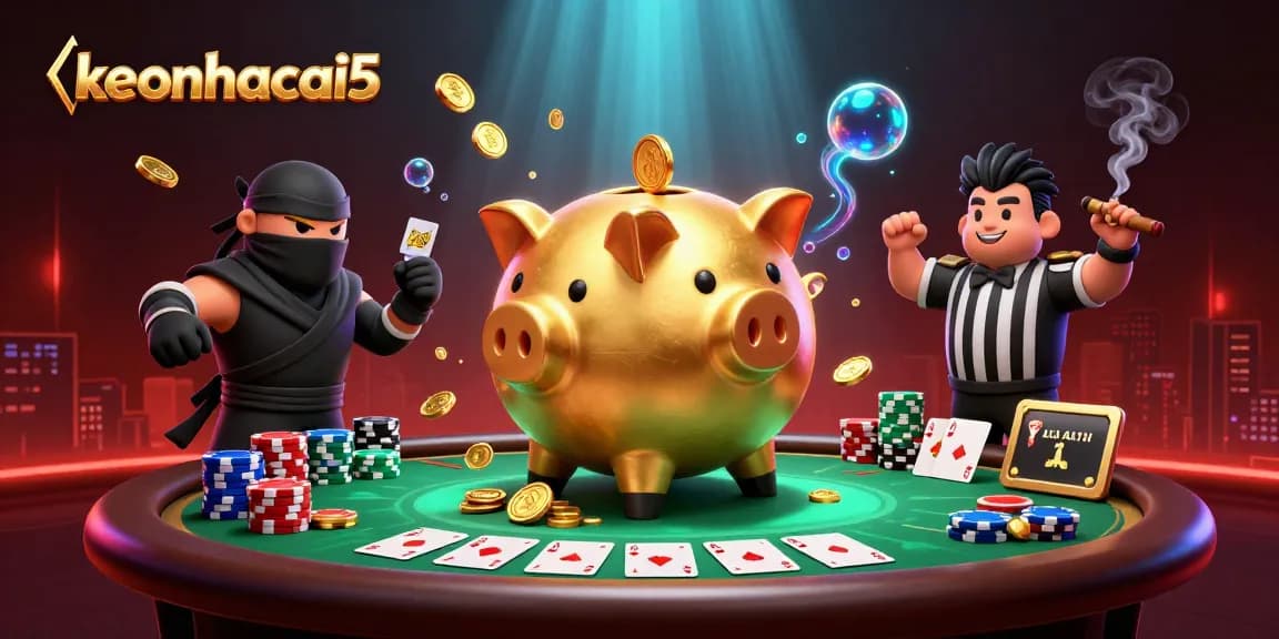 Experience the excitement of keonhacai5 with a dynamic scene of a golden piggy bank sumo wrestler surrounded by poker elements.