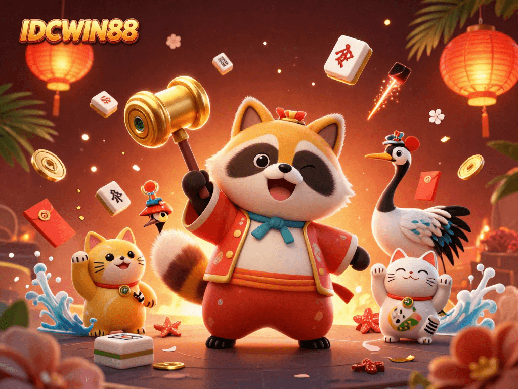Experience the excitement at IDCWIN88 with a lively 3D illustration of lucky tanuki and fortune cats in a casino environment.