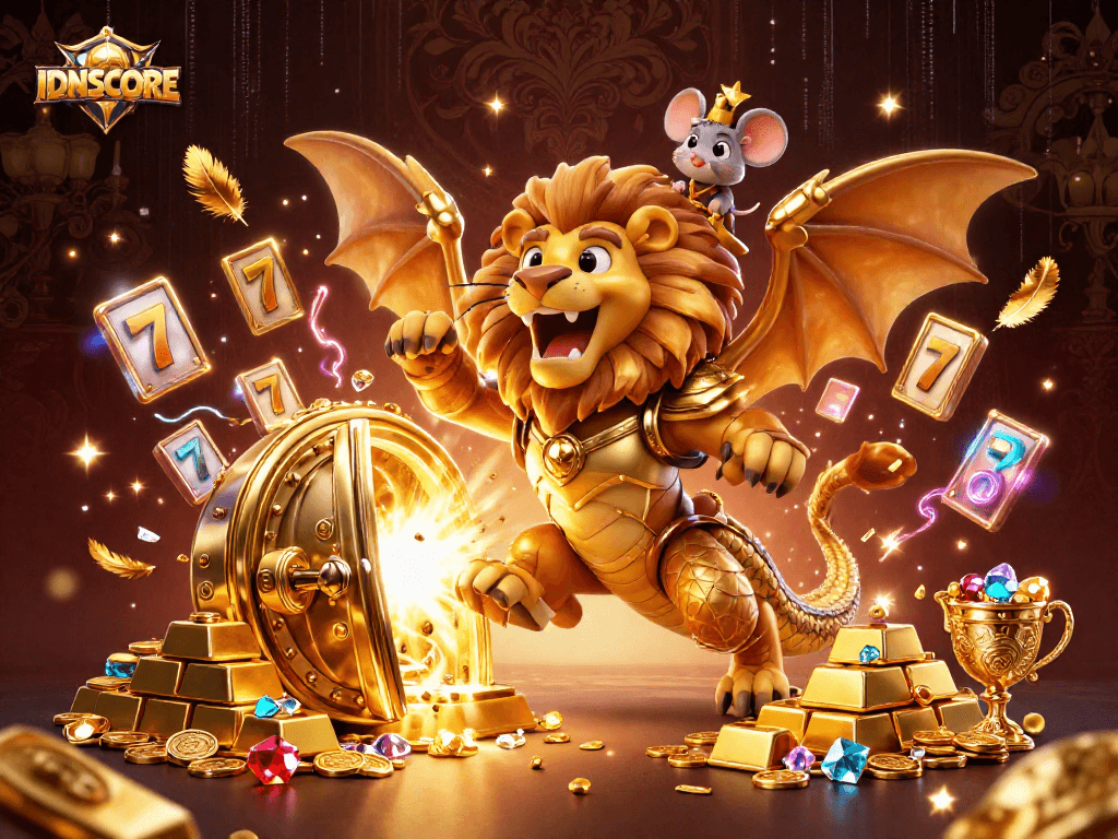 IDNSCORE showcases a vibrant 3D scene of a golden chimera celebrating jackpot wins for gamblers.