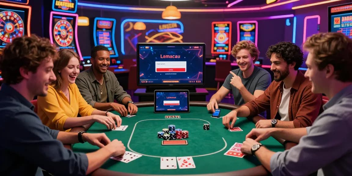 Lemacau Login page displayed as players enjoy an exciting online casino experience with poker, slots, and vibrant graphics.
