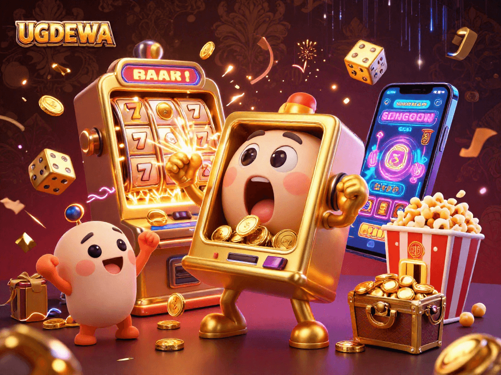 Celebrate big wins with UGDEWA in a vibrant 3D casino scene overflowing with excitement and gold.