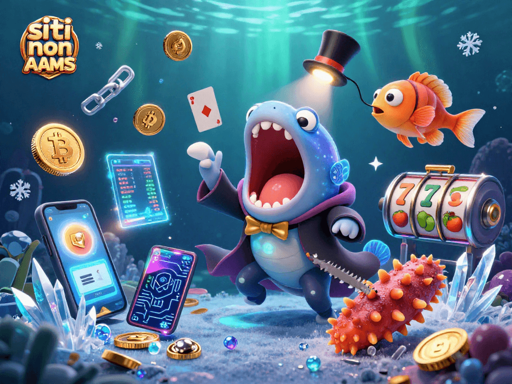 Illustrazione avvincente di siti non AAMS, presenta un’elegante anglerfish e un’anguilla animata insieme a simboli del gioco.
