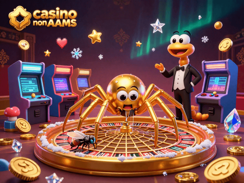 Crea un'atmosfera di gioco con la scena di un casinò online non AAMS, mentre un ragno dorato gira una ruota della roulette con un moscerino in procinto di scommettere.