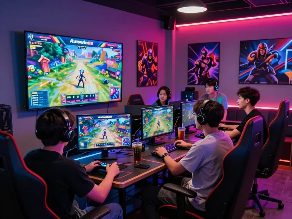 Friends enjoying the latest Autowin88 game together in a vibrant gaming room filled with excitement.