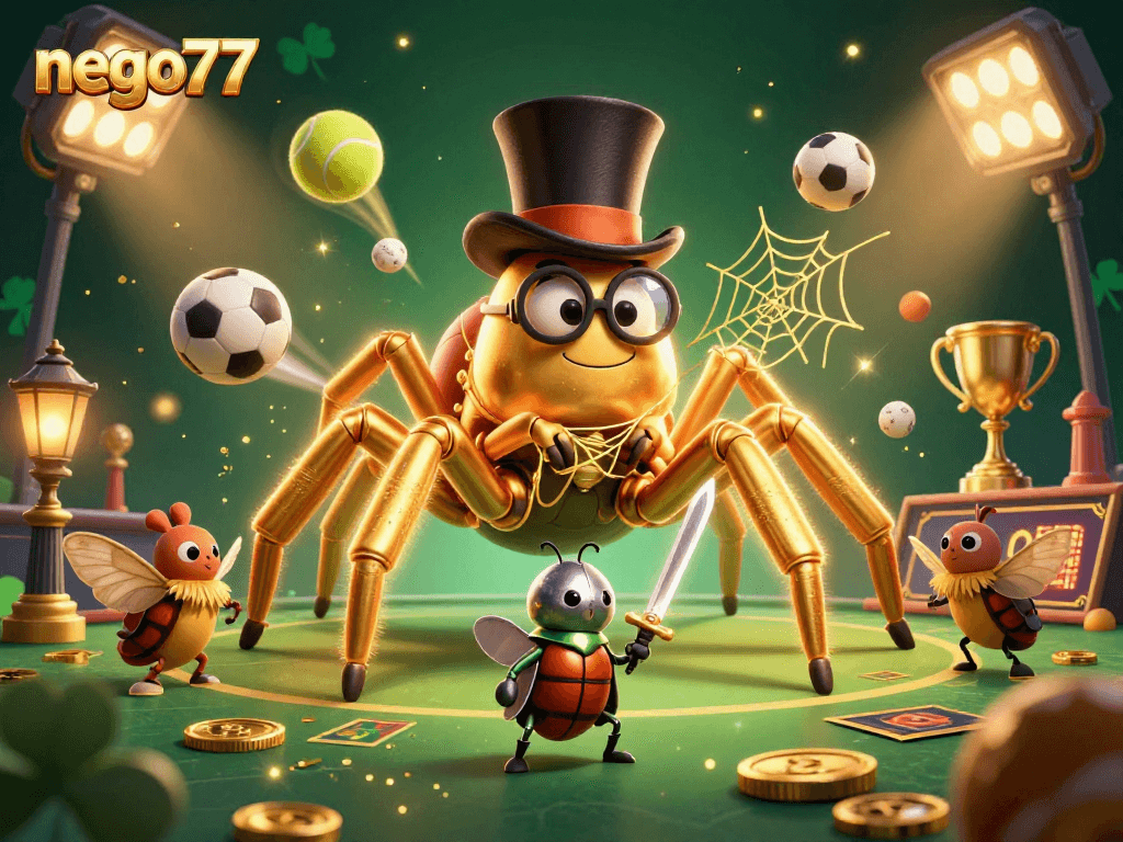 Nego77 showcases a thrilling sports betting showdown with a golden tarantula and beetle knight, framed by sports elements and excitement.