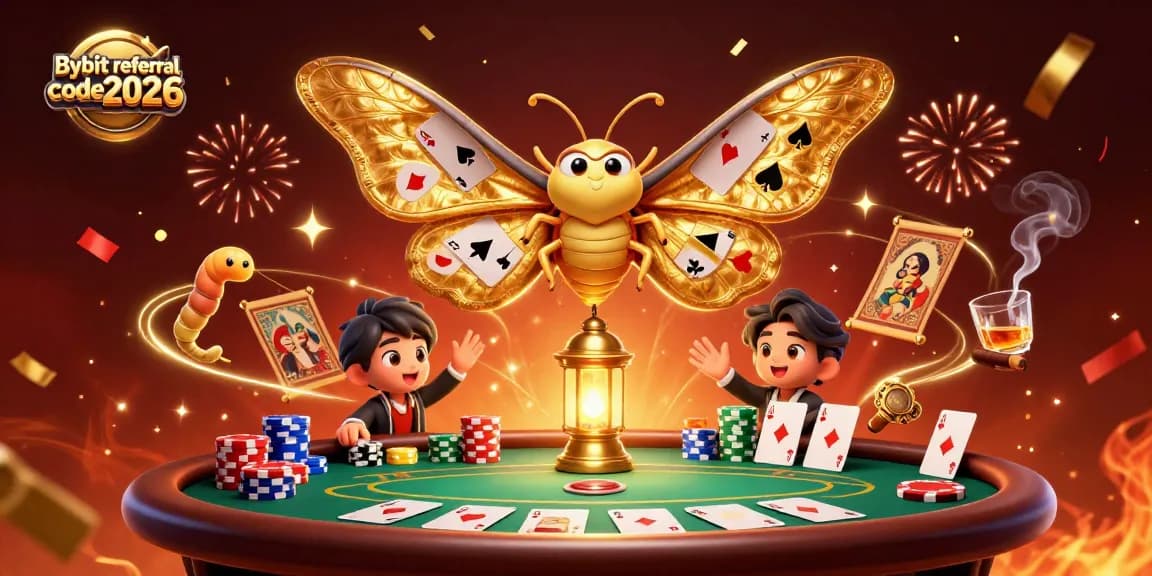 Engage with Bybit referral code 2026 through a vibrant scene with poker elements and an enchanting moth.