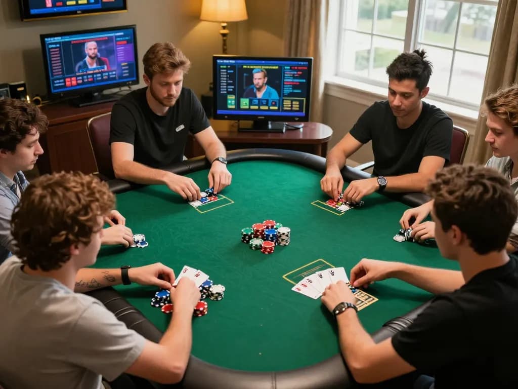 Players strategizing in a thrilling poker game at fun88, showcasing engagement and interaction.