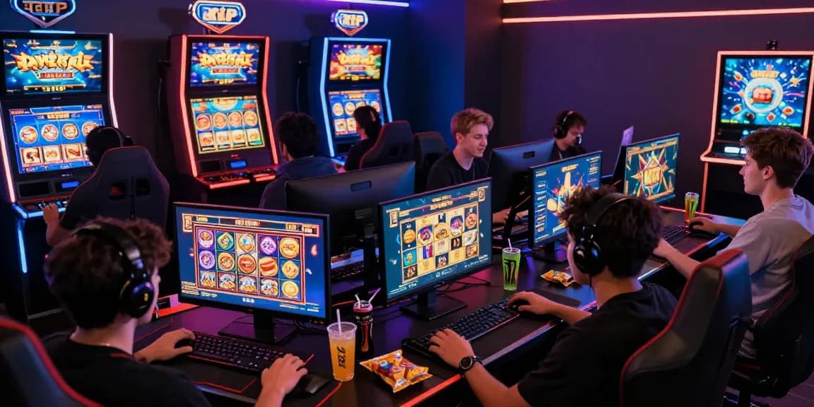 Engaged gamers exploring Link Slot Gacor Kartupoker on vibrant digital interfaces during an exciting online slot game session.