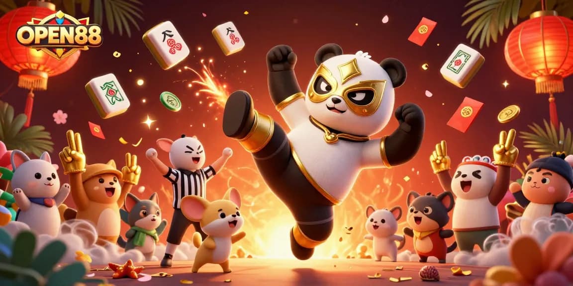 Experience the excitement of OPEN88 with vibrant casino-themed 3D illustration featuring animated characters and game elements.