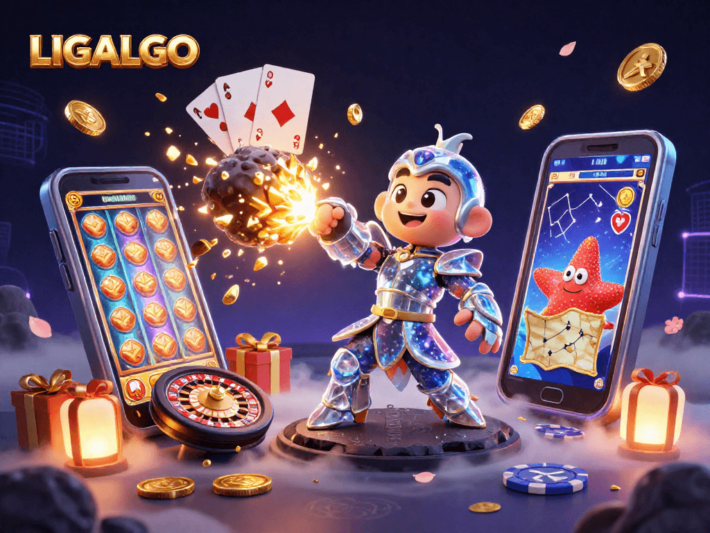 LIGALGO features a vibrant galaxy-themed slot game illustration with golden nuggets, coins, and captivating game elements.