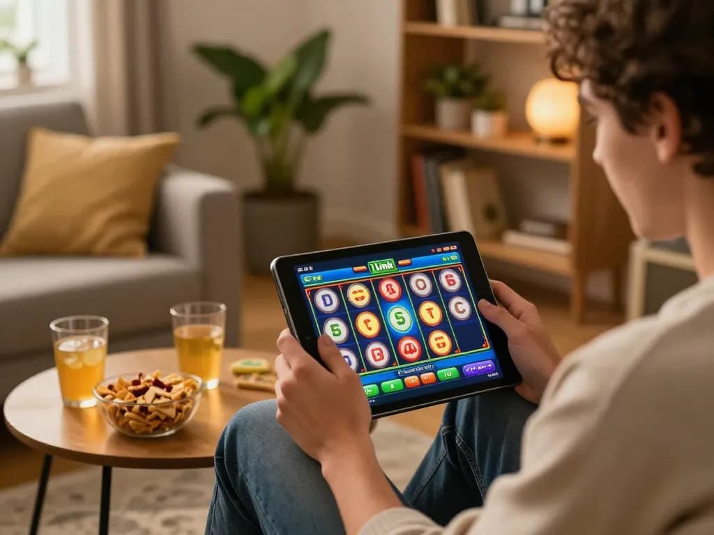 Enjoying Link Slot gameplay on a cozy tablet setup in a warm living room.