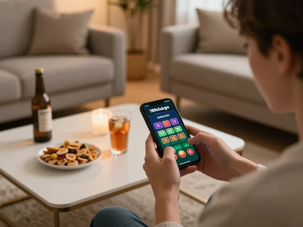 Engaging with the 789clubgo app on a smartphone in a cozy home gaming setup.