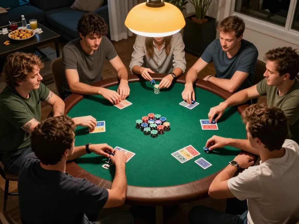 Engaged friends play poker at home, exemplifying a competitive night with 78winbs strategy discussions.