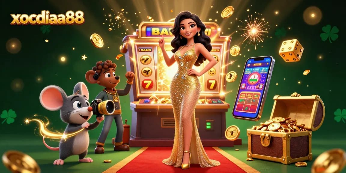 xocdiaa88 showcases a thrilling casino scene with a glamorous woman and dynamic game elements in a vibrant illustration.