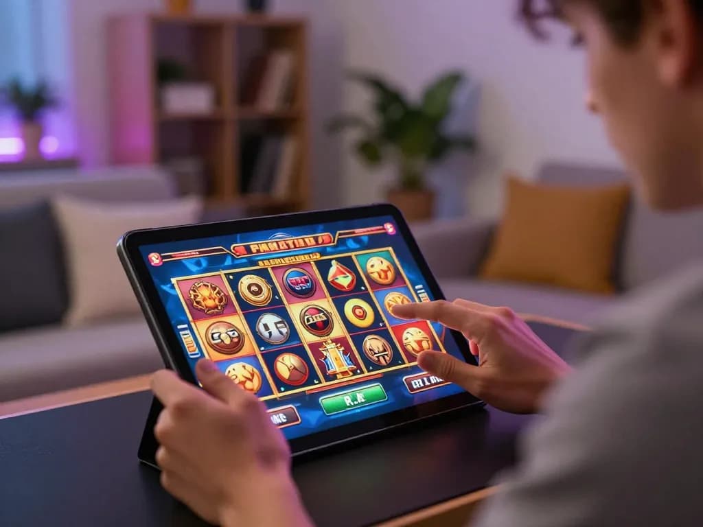 Engaging scene of a player enjoying nego77 login for online casino gaming on tablet, creating a relaxed atmosphere