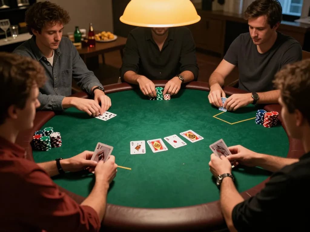 Engaging poker game scene highlighting MM88 strategies with friends at a round table setting.