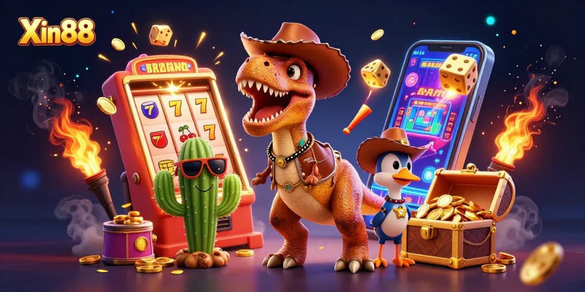 Spin and win big with Xin88 in this dynamic casino adventure illustration filled with interactive game elements.