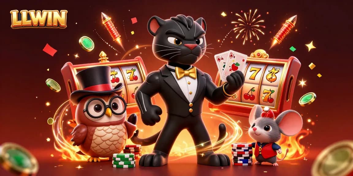 LLWIN brings excitement with a stylish party scene featuring a panther dealer and whimsical characters.