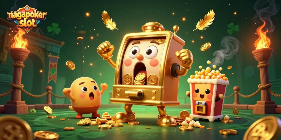 Experience the excitement of nagapoker slot as cartoon slot machines celebrate a jackpot win amid dazzling visual effects.