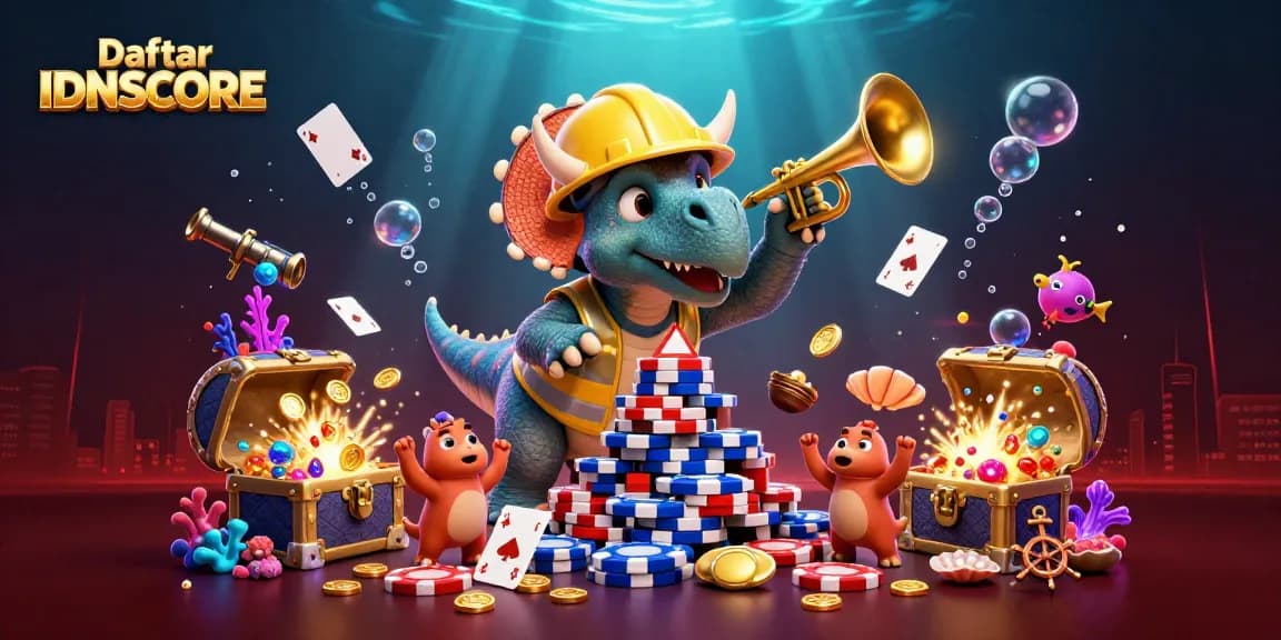 Join the fun with Daftar IDNSCORE as our characters celebrate epic wins in this casino-themed 3D illustration.