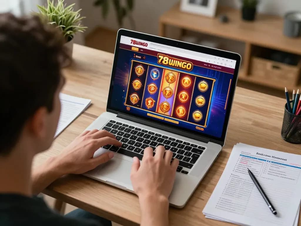 Engaged players enjoying online slots at 78wingo from a cozy home setup, showcasing vibrant gameplay.
