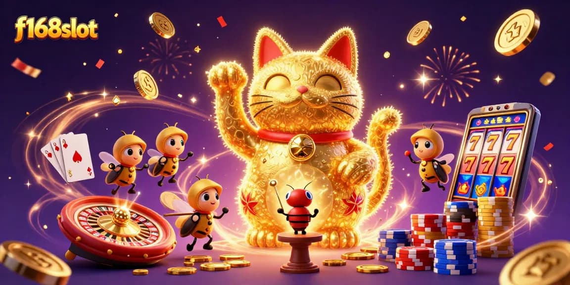 Experience the thrill with f168slot as lucky symbols come to life in dynamic casino illustration.