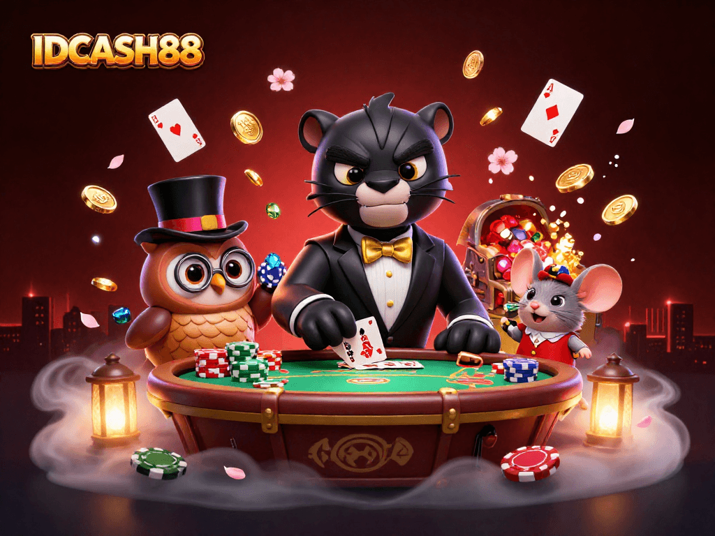 Engaging illustration of IDCASH88 featuring a stylish panther dealer, an owl with poker chips, and vibrant casino elements.