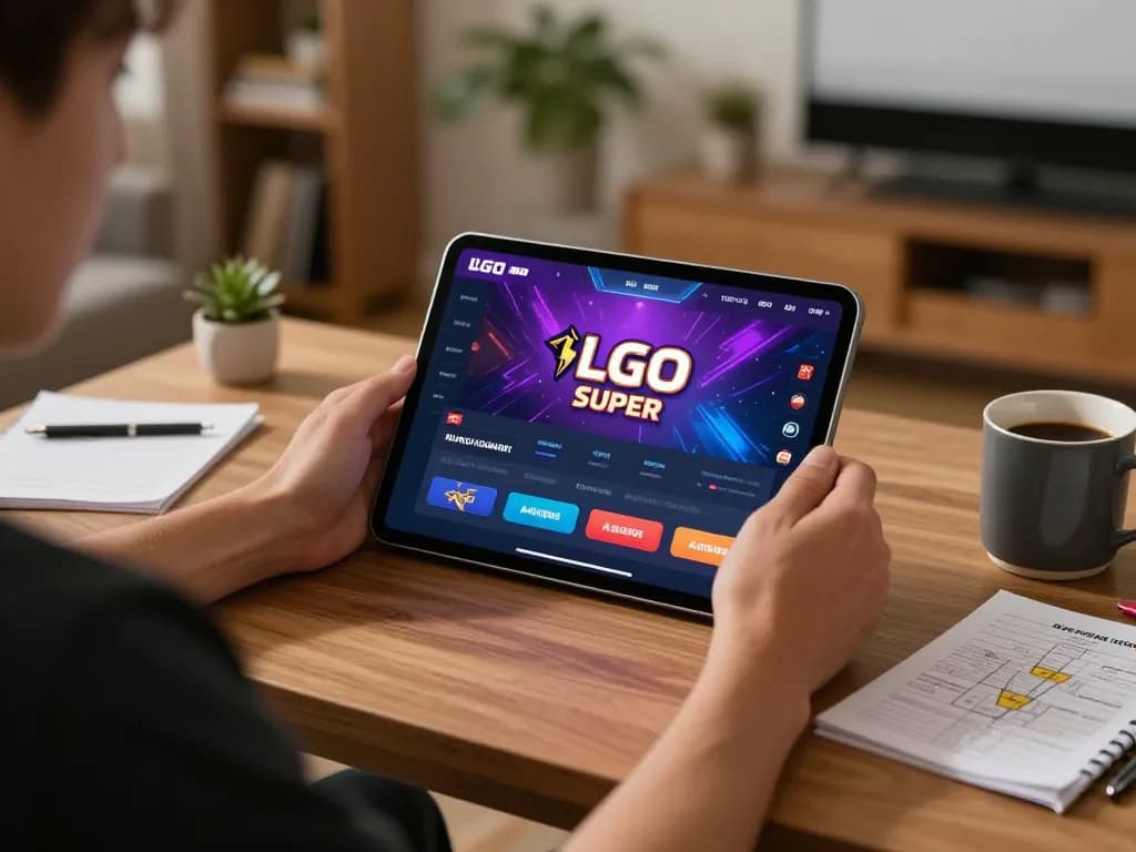 LGO SUPER gaming interface on tablet in cozy home, promoting responsible online gambling