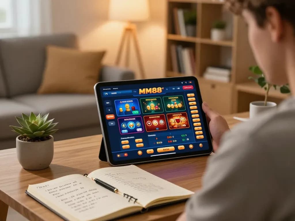 MM88 player engaging in online gambling on a tablet in a cozy living room setting.