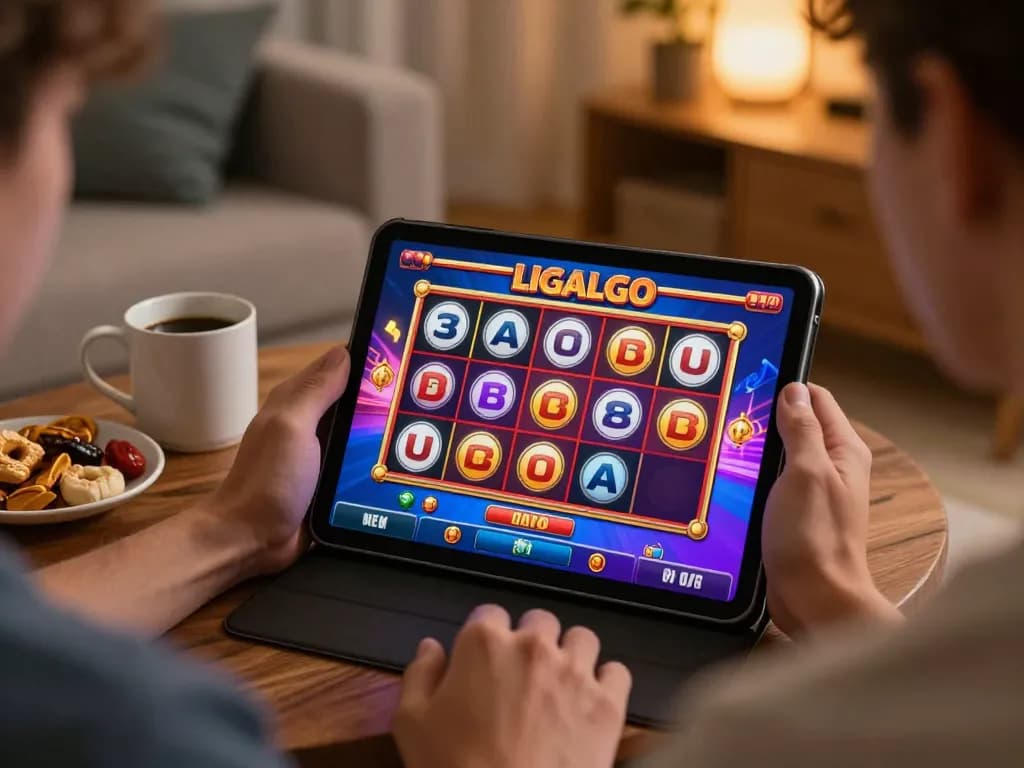 Player enjoying demo slots on SITUS LIGALGO from home, showcasing a vibrant online gaming experience.