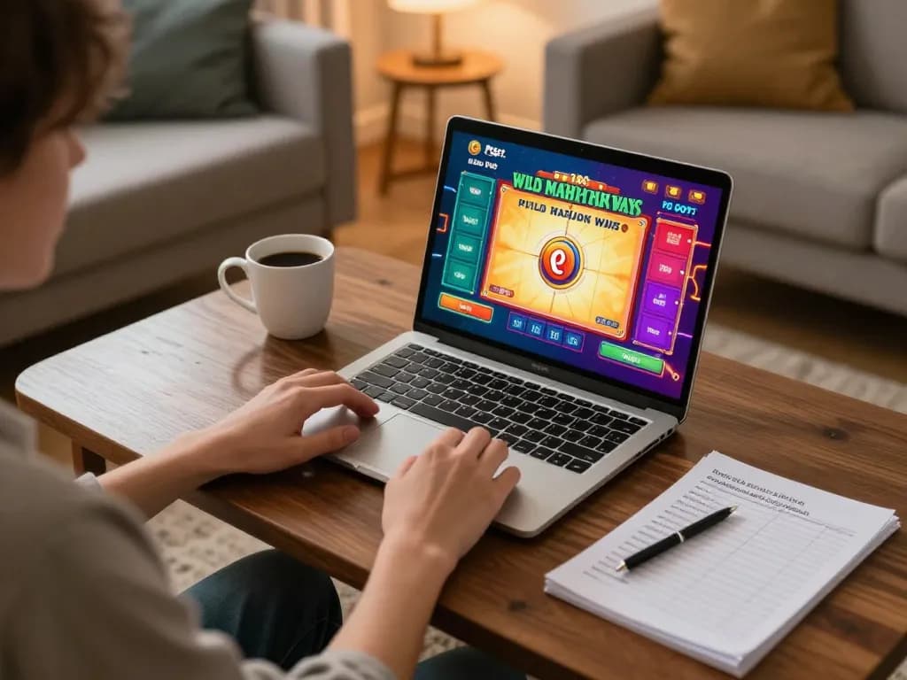 Akun Demo experience with a player enjoying PG Soft Wild Mahjong Ways on a laptop at home, relaxed and strategic.