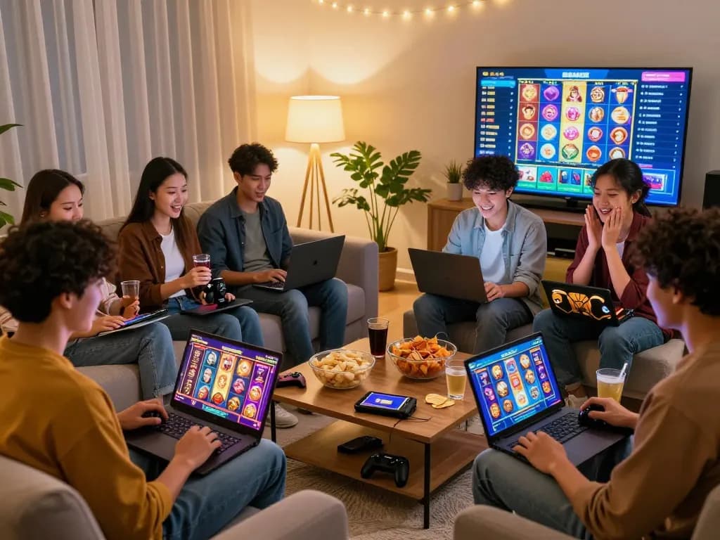Friends playing online slot games at home, experiencing the excitement of vegasslot77.
